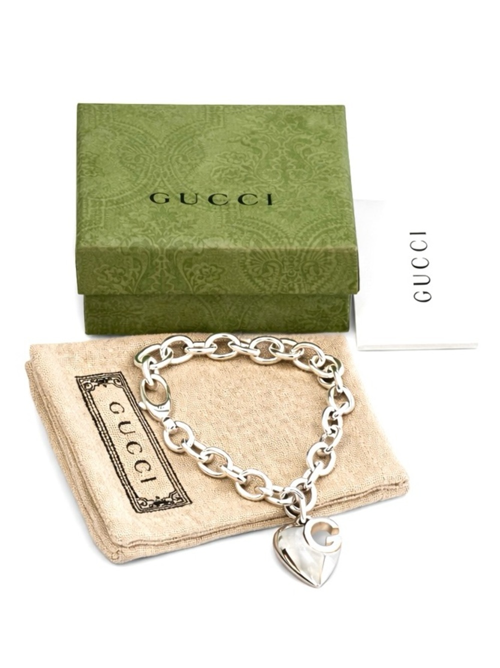 GUCCI 925 Sterling Silver Heart Charm Rolo Link Bracelet